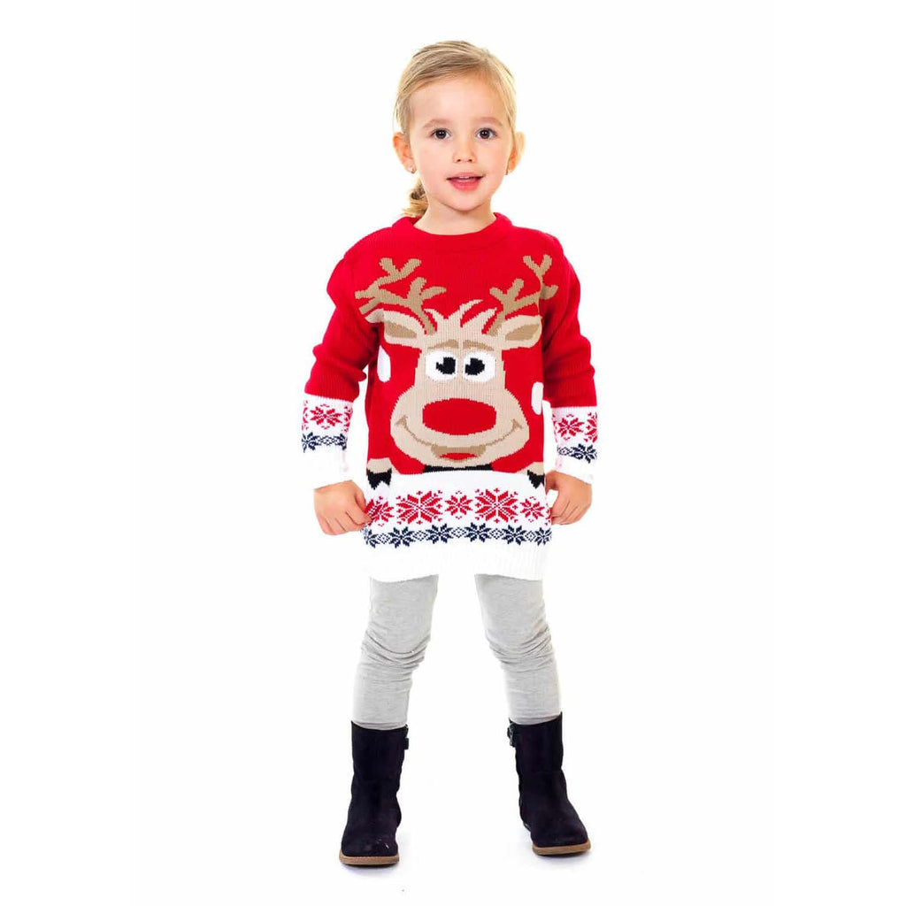 Girls Red Family Ugly Christmas Sweater with Reindeer and Snow
