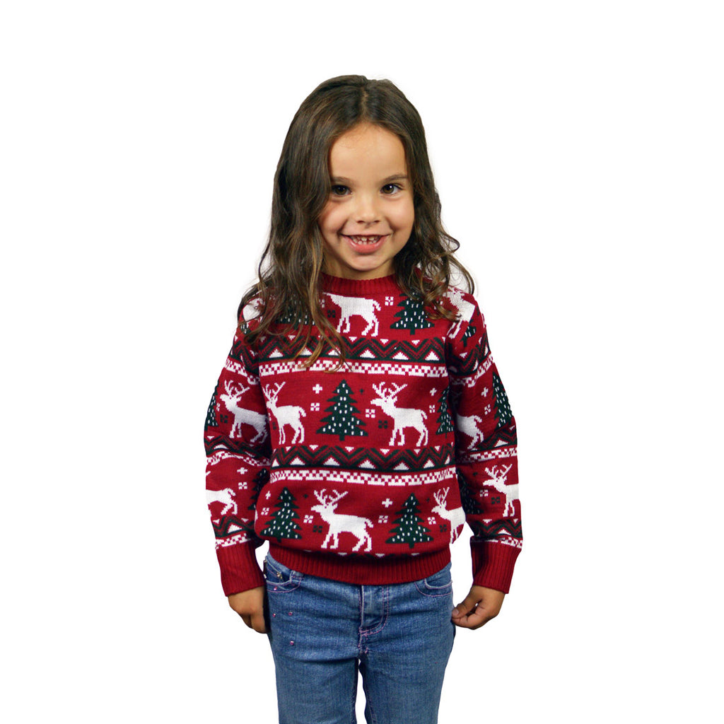 Red Family Ugly Christmas Sweater with Reindeers and Christmas Trees girls