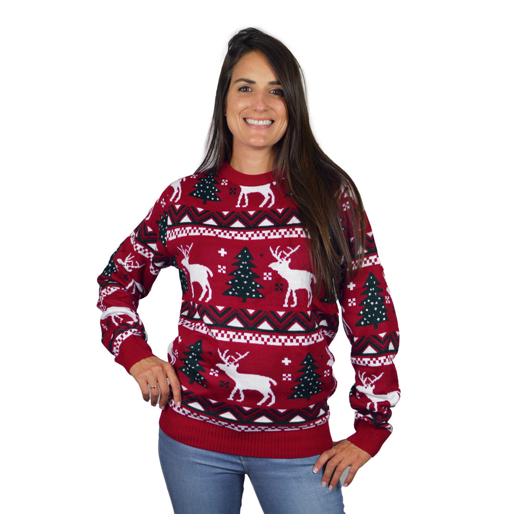 Red Family Ugly Christmas Sweater with Reindeers and Christmas Trees womens