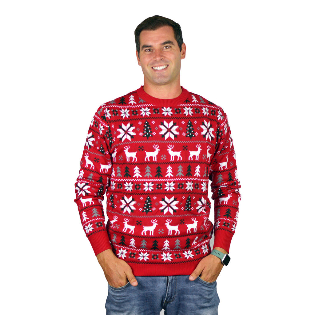 Mens Red Family  Ugly Christmas Sweater with Reindeers, Trees and Polar Star