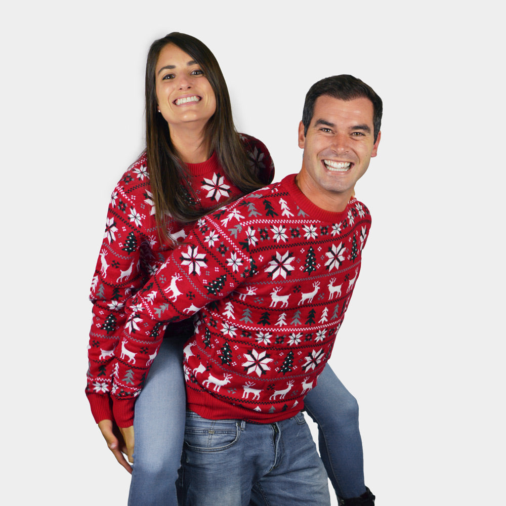 Couples Red Family  Ugly Christmas Sweater with Reindeers, Trees and Polar Star