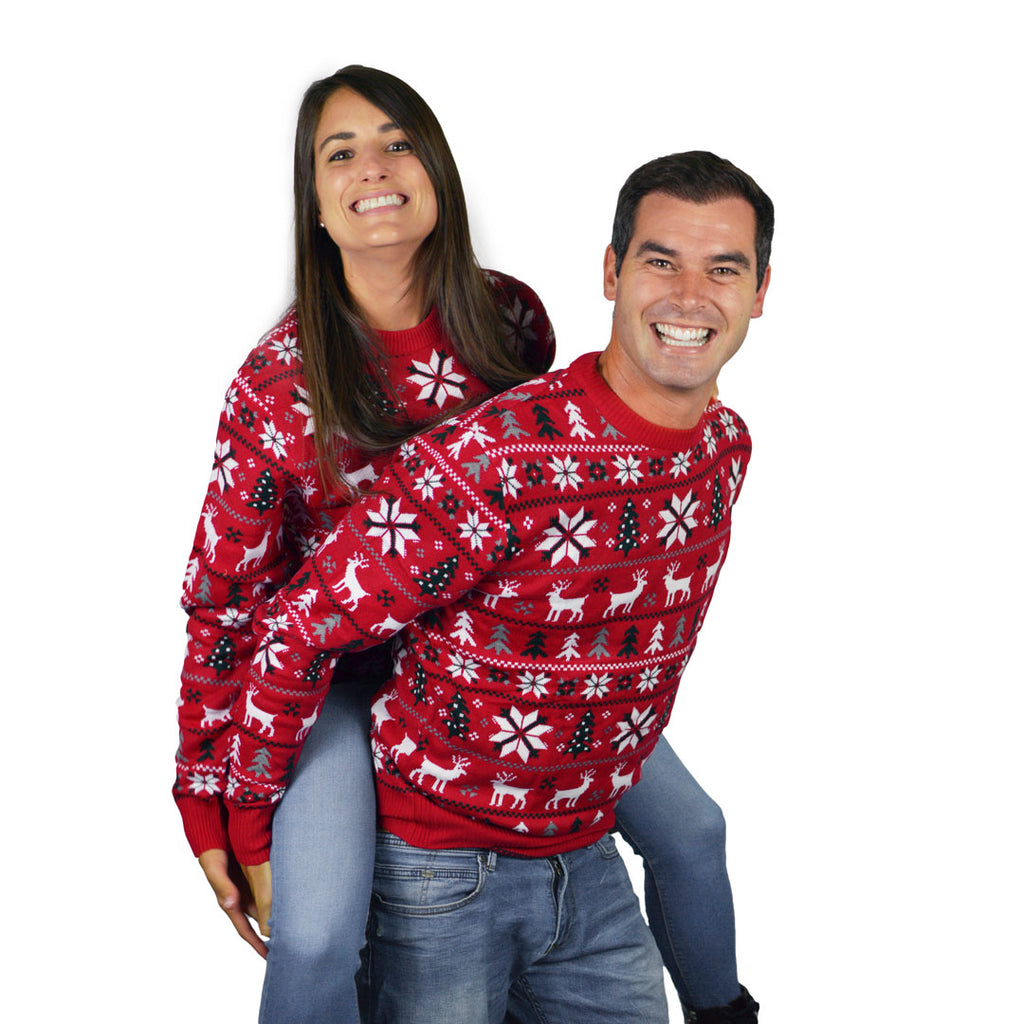 Couples Red Family  Ugly Christmas Sweater with Reindeers, Trees and Polar Star