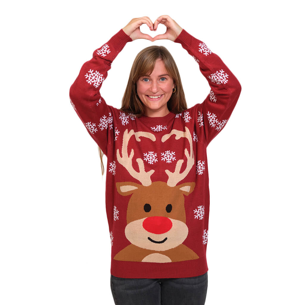 Womens Red Family Ugly Christmas Sweater with Rudolph the Reindeer