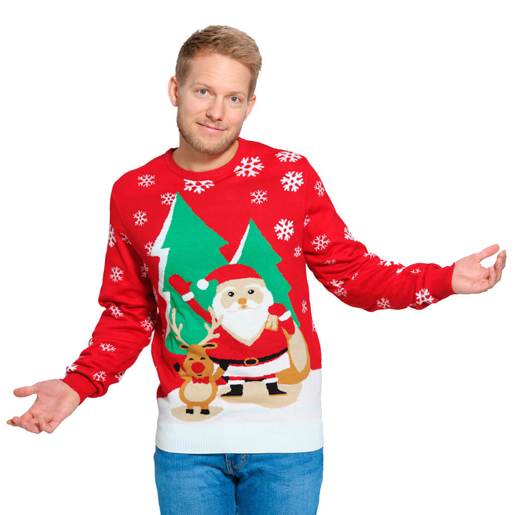 Mens Red Family Ugly Christmas Sweater with Santa and Reindeer Greeting