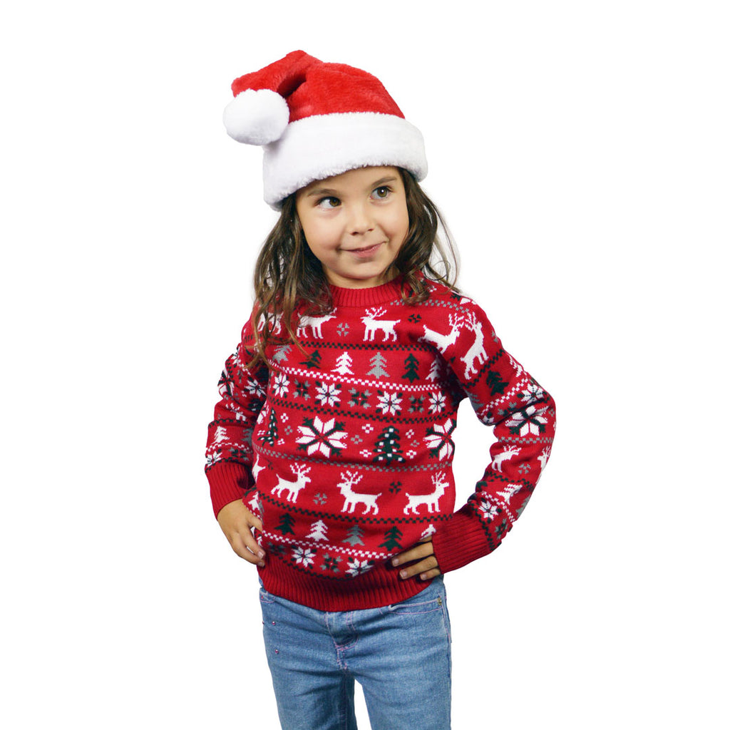 Red Girls Ugly Christmas Sweater with Reindeers, Trees and Polar Star