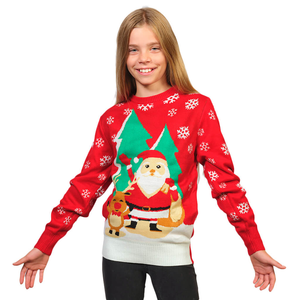 Red Girls Ugly Christmas Sweater with Santa and Reindeer Greeting