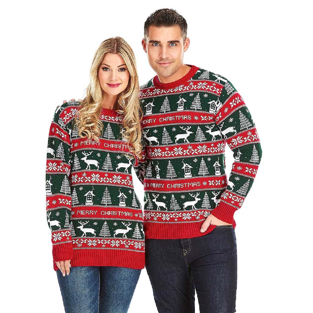 Couples Red and Green Strips Ugly Christmas Sweater