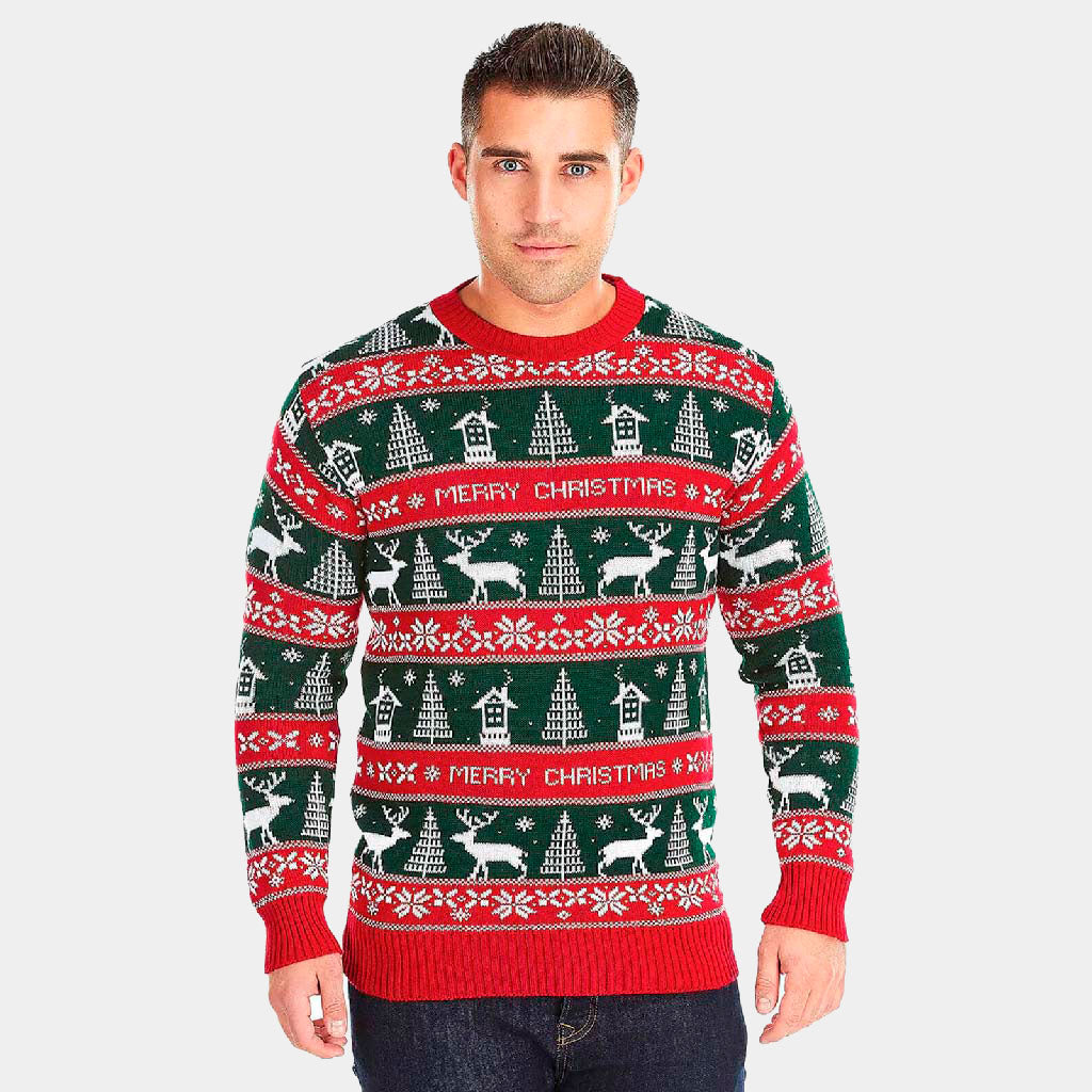 Mens Red and Green Strips Ugly Christmas Sweater