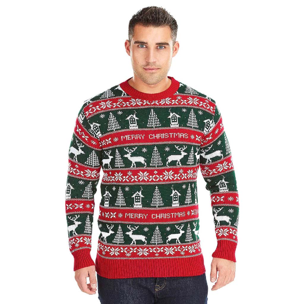 Mens Red and Green Strips Ugly Christmas Sweater