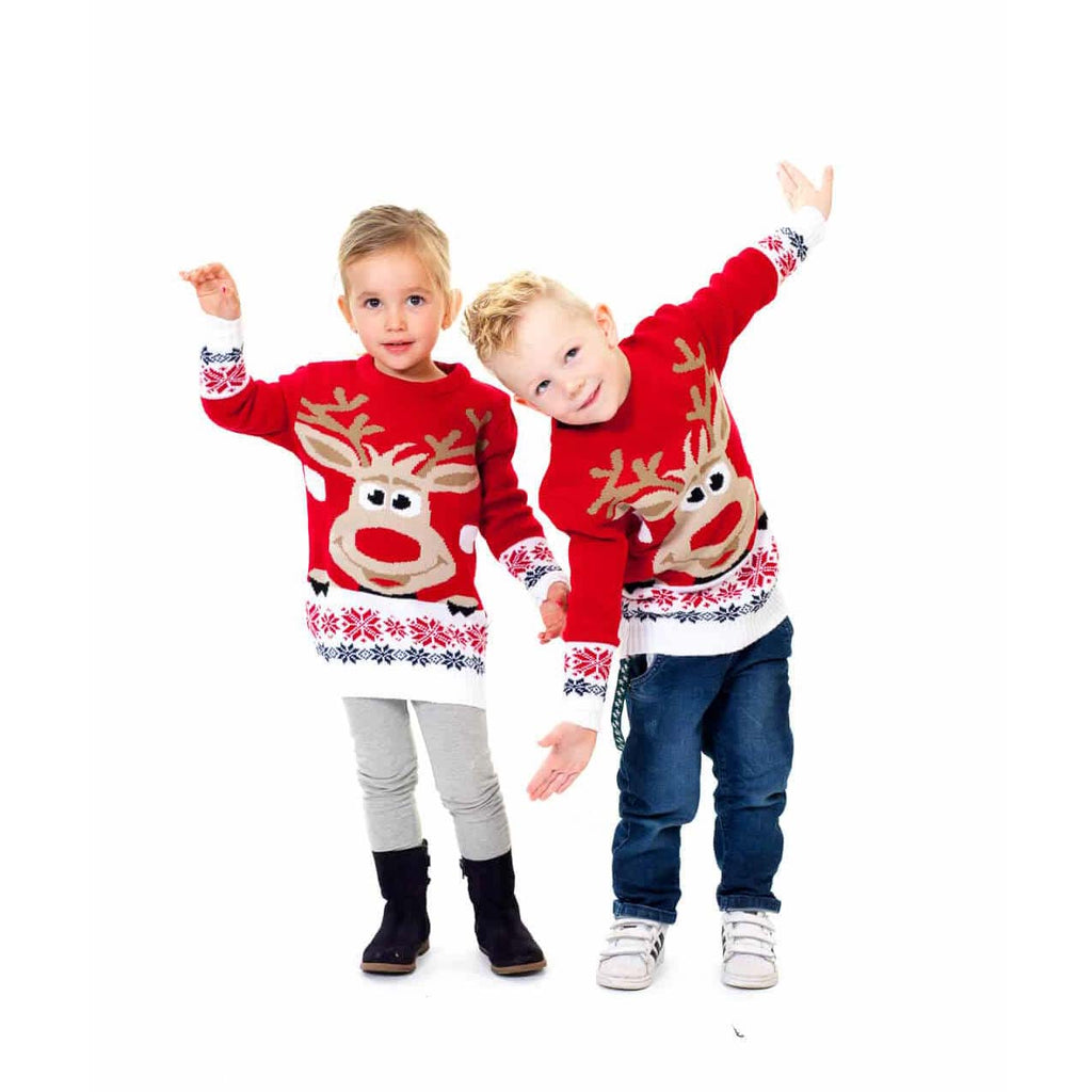 Red Boys and Girls Ugly Christmas Sweater with Reindeer and Snow Kids