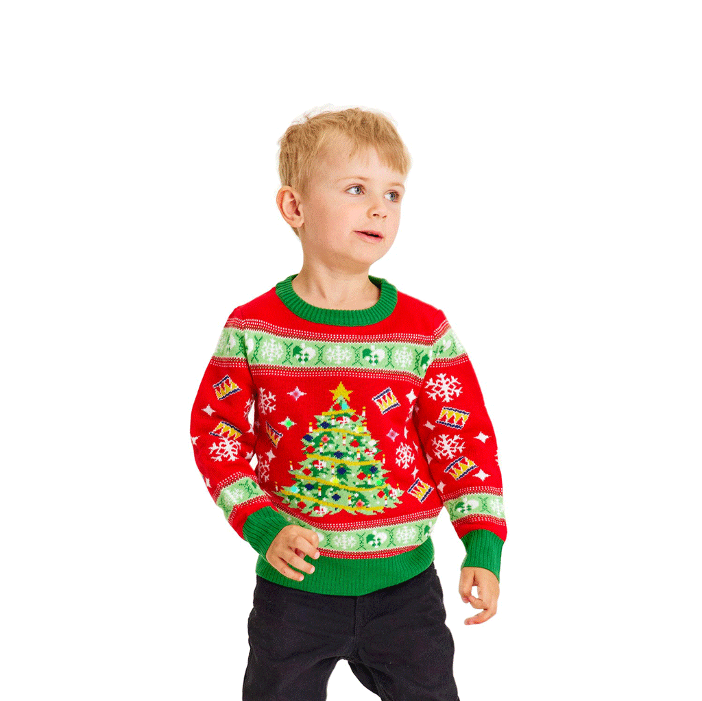Red LED light-up Boys Ugly Christmas Sweater with Christmas Tree