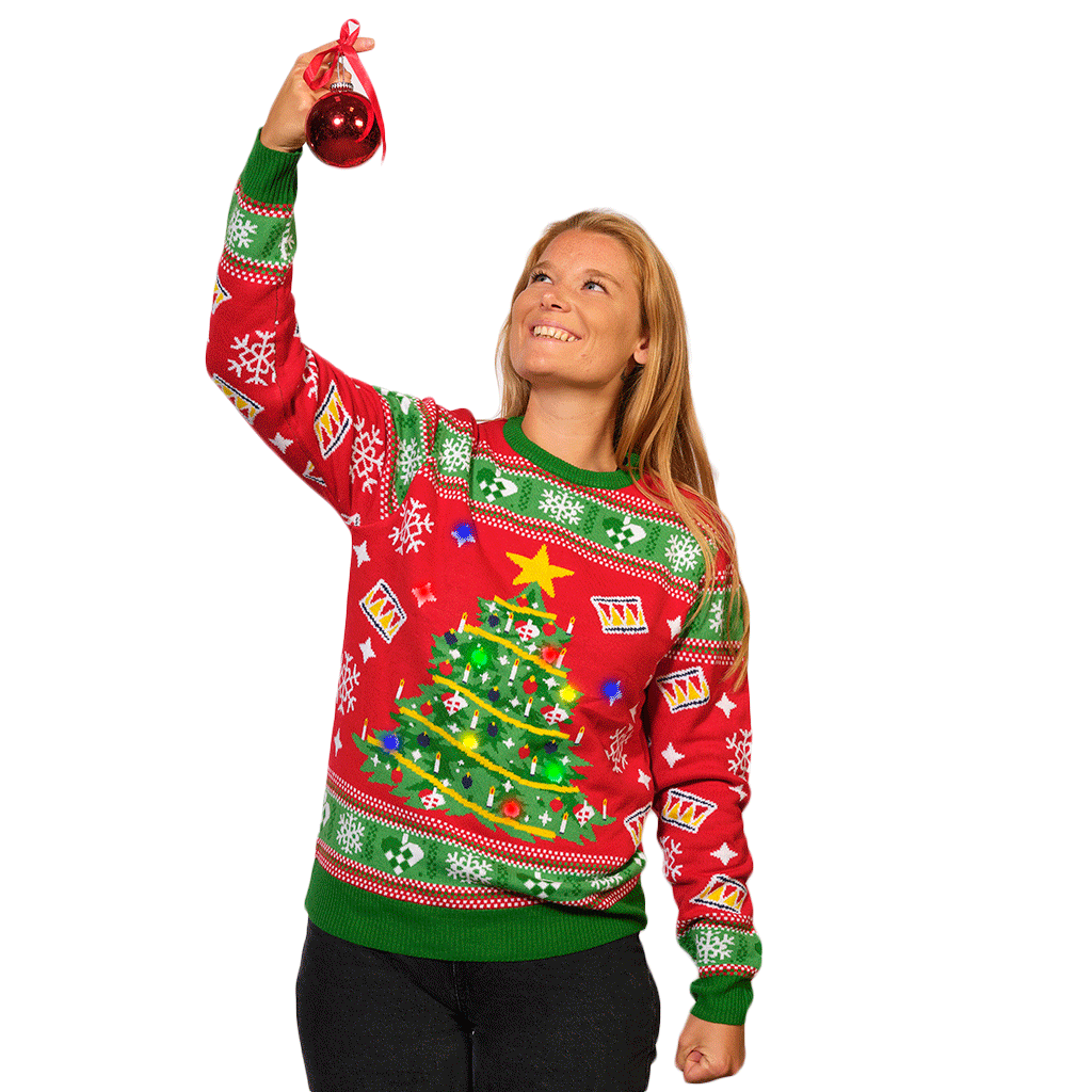 Womens Red LED light-up Ugly Christmas Sweater with Christmas Tree