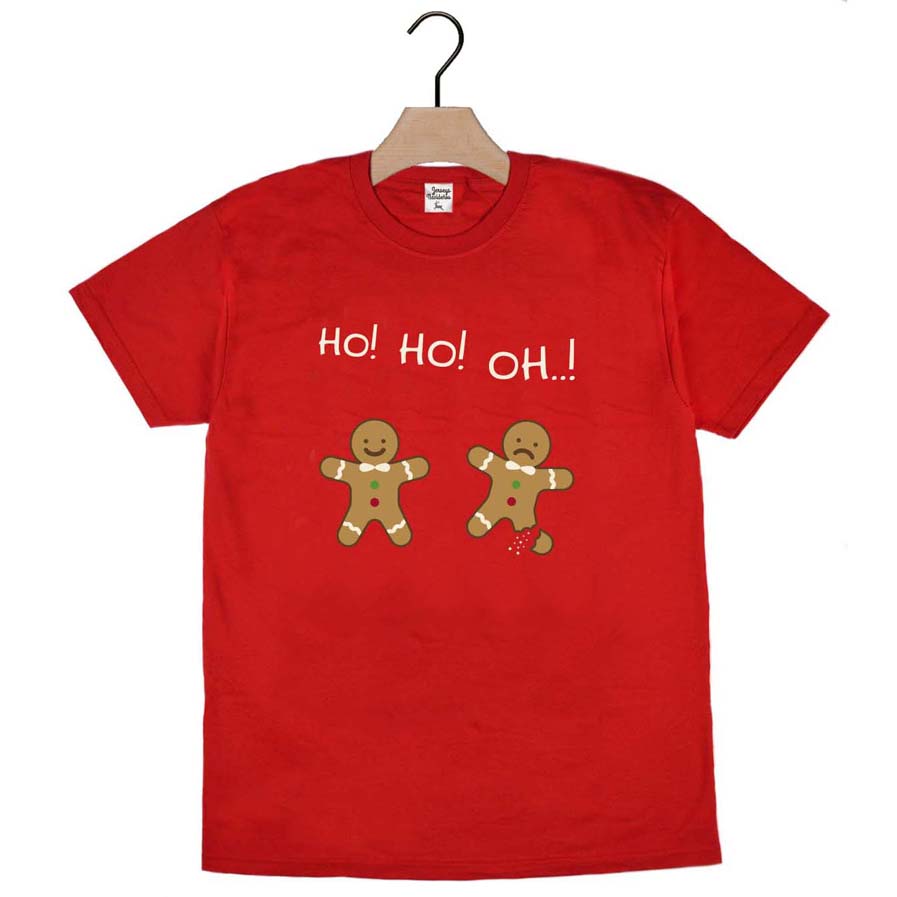 Red Mens and Womens Ugly Christmas T-Shirt with Gingerbreads