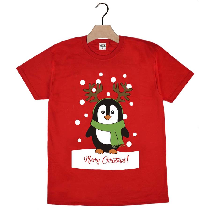 Red Mens and Womens Ugly Christmas T-Shirt with Penguin