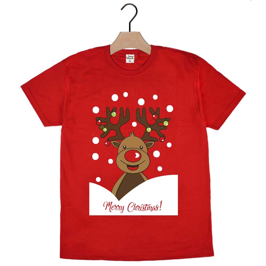 Red Mens and Womens Ugly Christmas T-Shirt with Rudolph Reindeer 2021