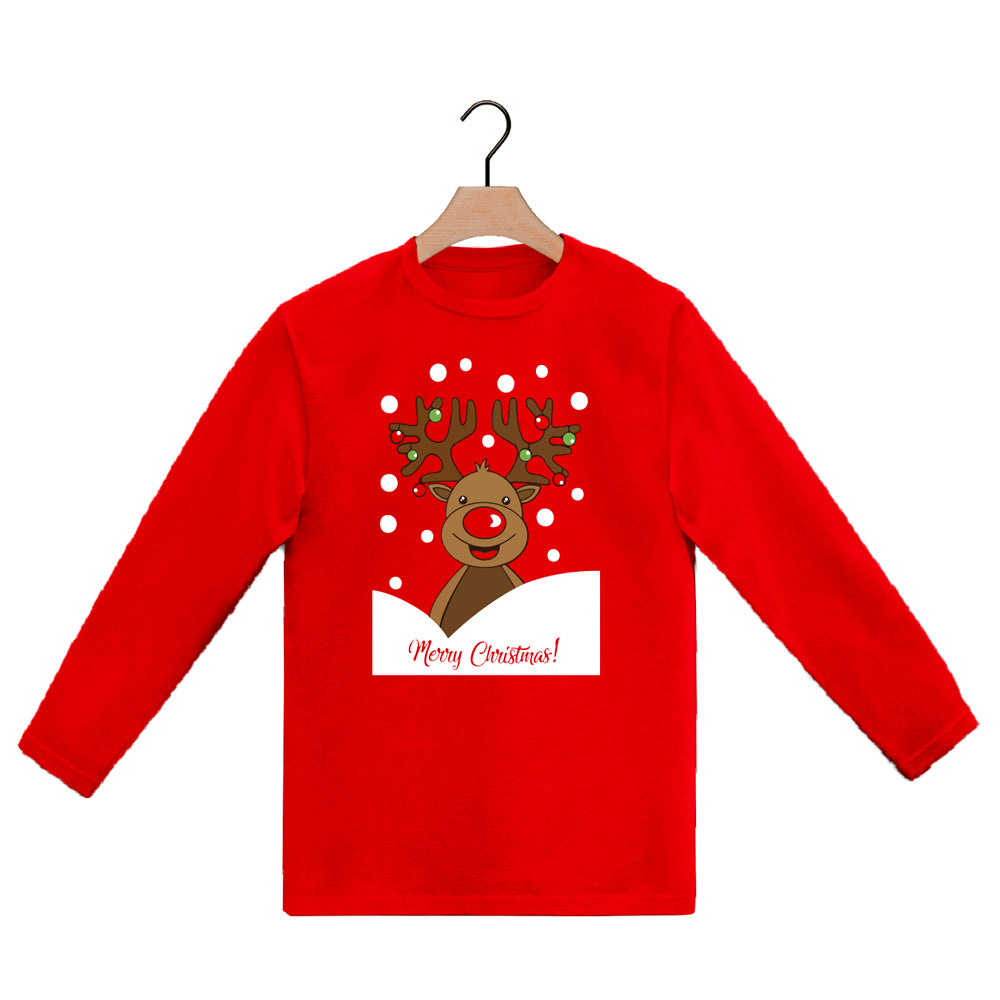 Red long sleeve Mens and Womens Ugly Christmas T-Shirt with Rudolph Reindeer