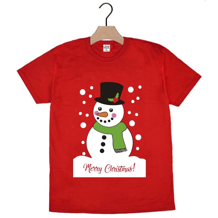 Red Mens and Womens Ugly Christmas T-Shirt with Snowman