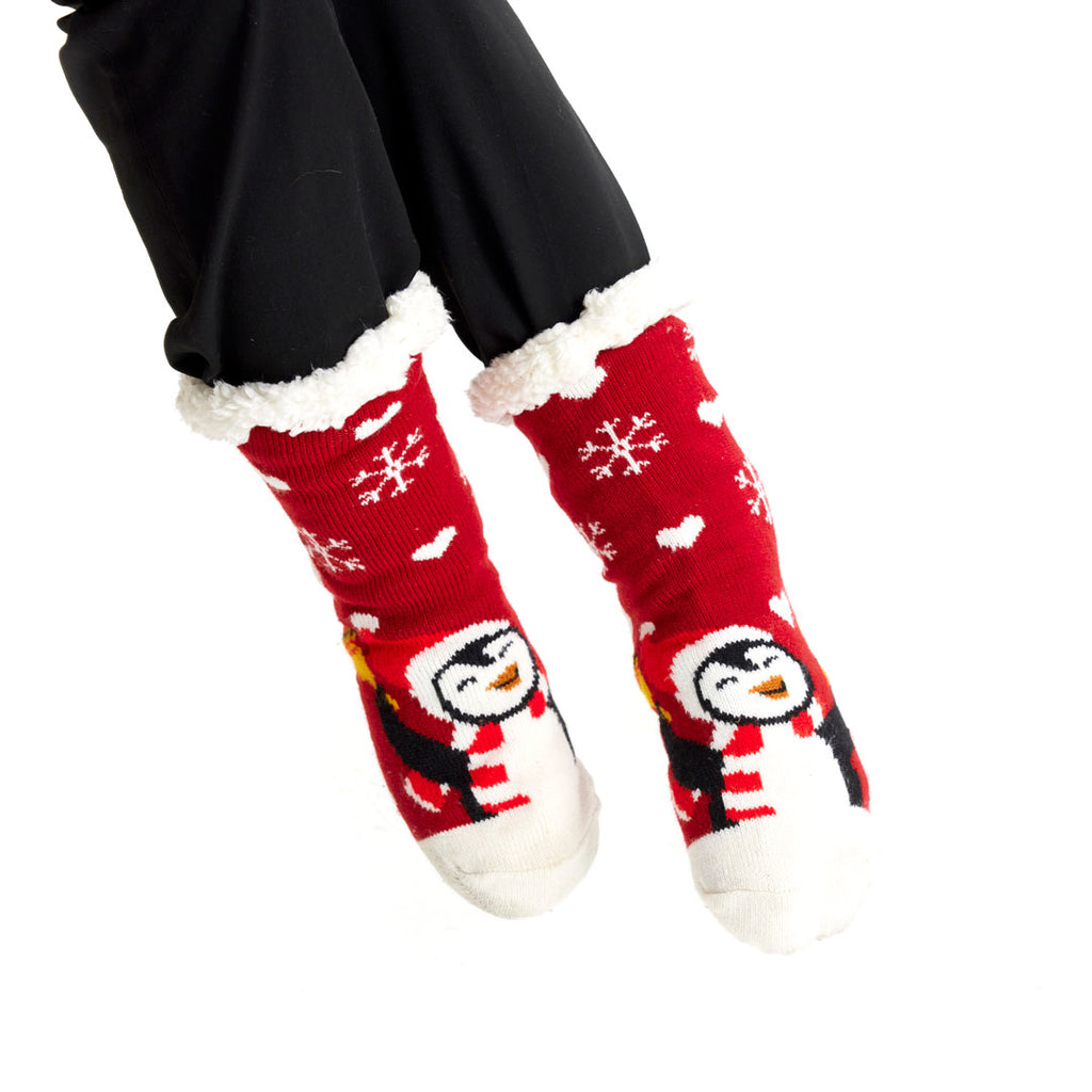 Red Rubber Sole Ugly Christmas Socks with Penguin women and men