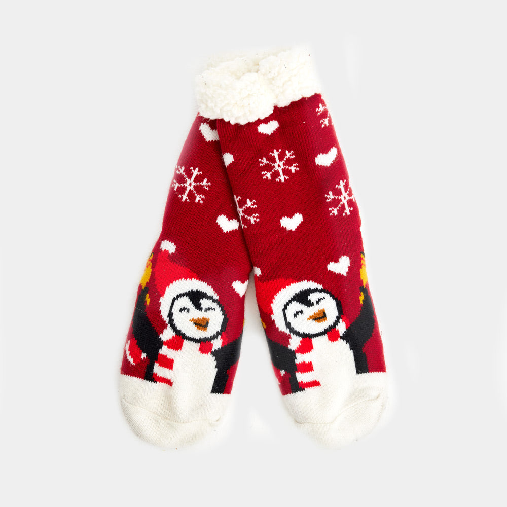 Red Rubber Sole Ugly Christmas Socks with Penguin