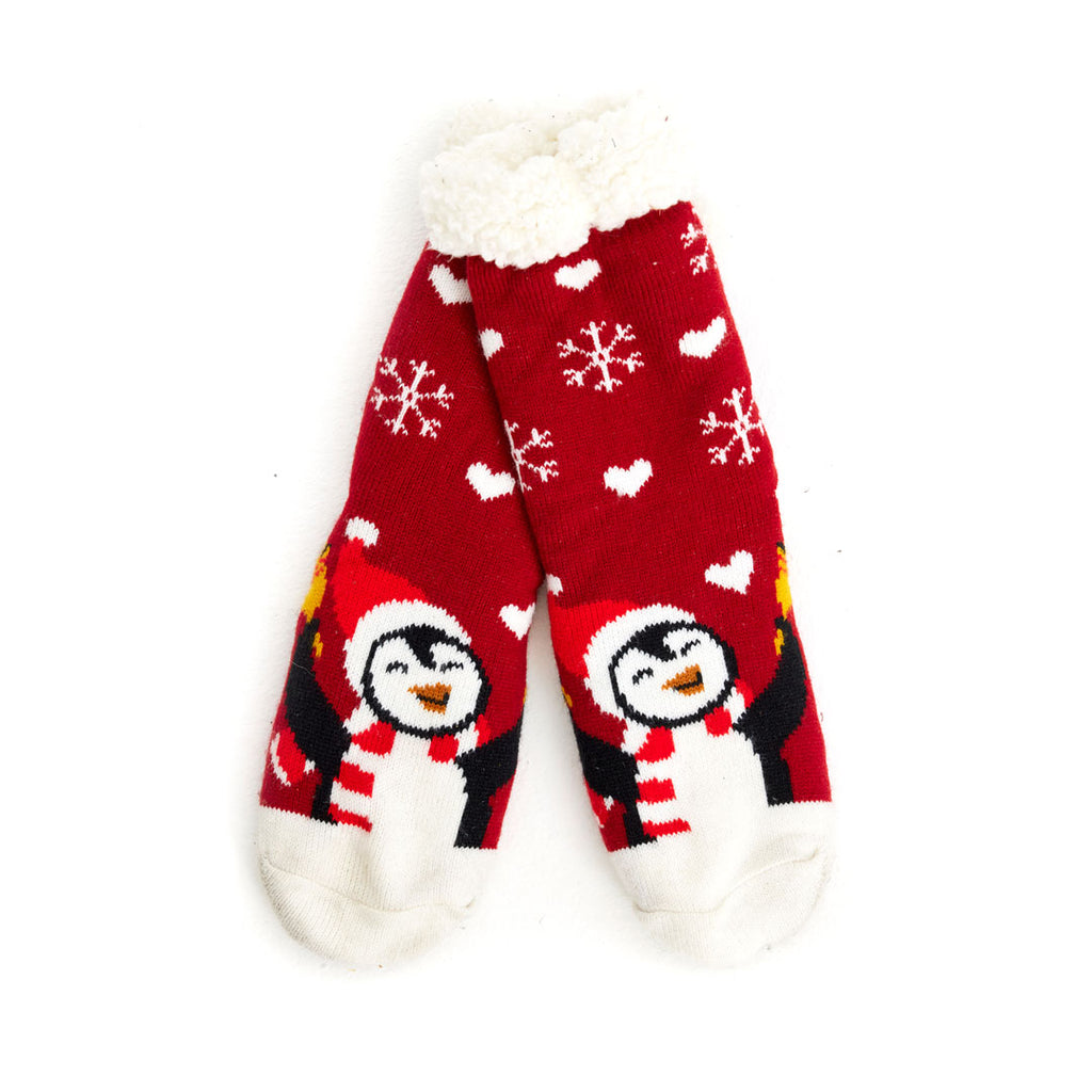 Red Rubber Sole Ugly Christmas Socks with Penguin