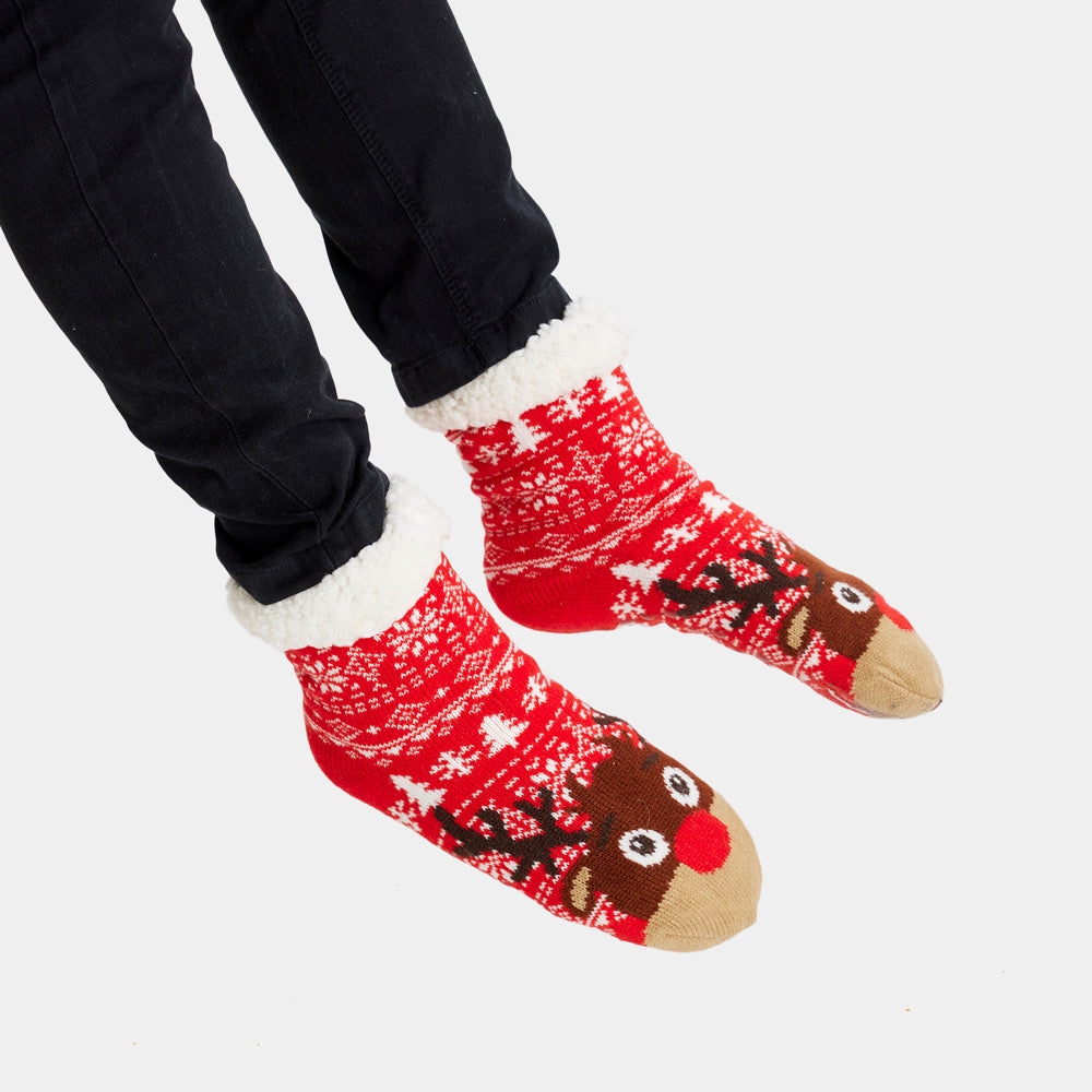 Red Rubber Sole Ugly Christmas Socks with Trees and Reindeer women and men