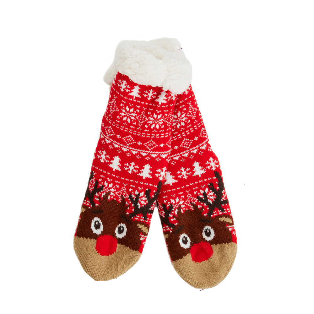 Red Rubber Sole Ugly Christmas Socks with Trees and Reindeer