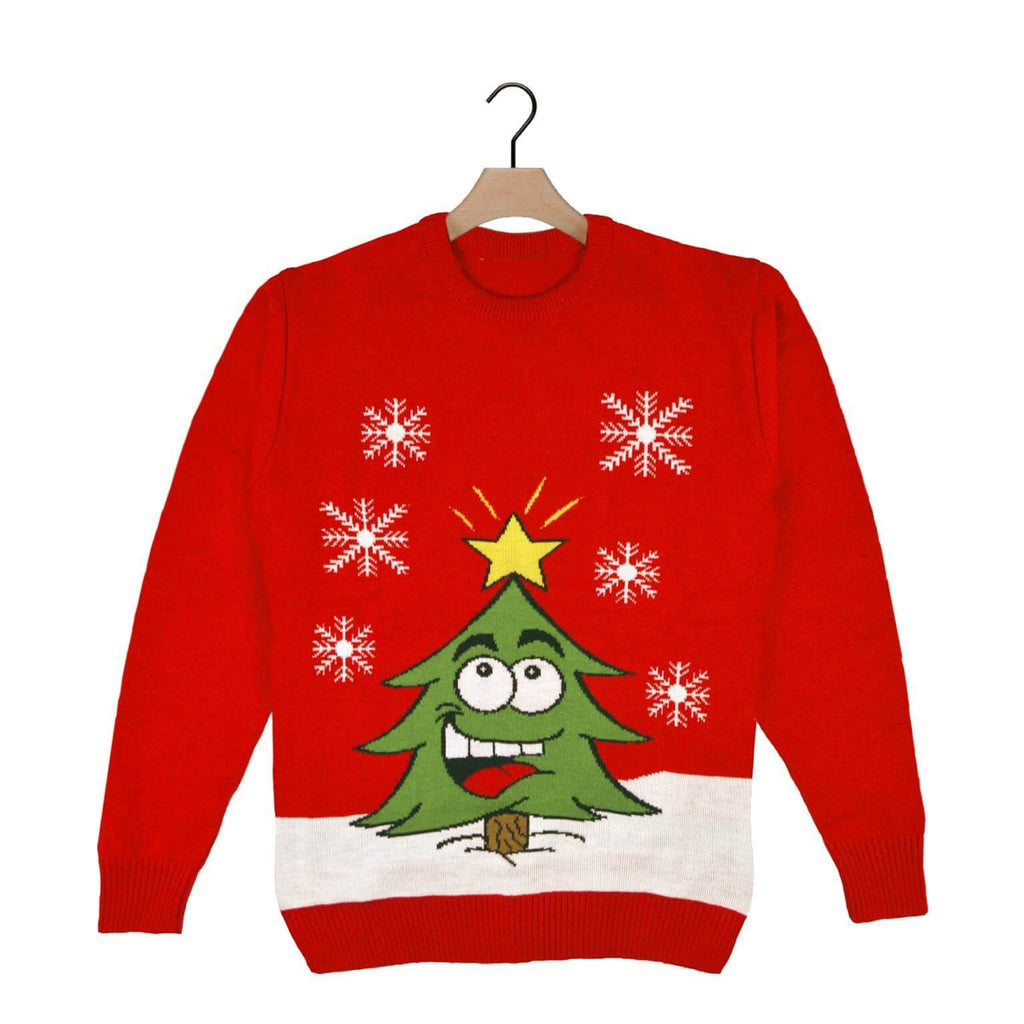 Red Ugly Christmas Sweater with Smiling Christmas Tree