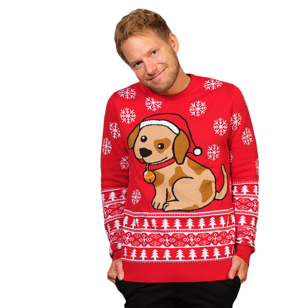 Mens Red Ugly Christmas Sweater with Puppy