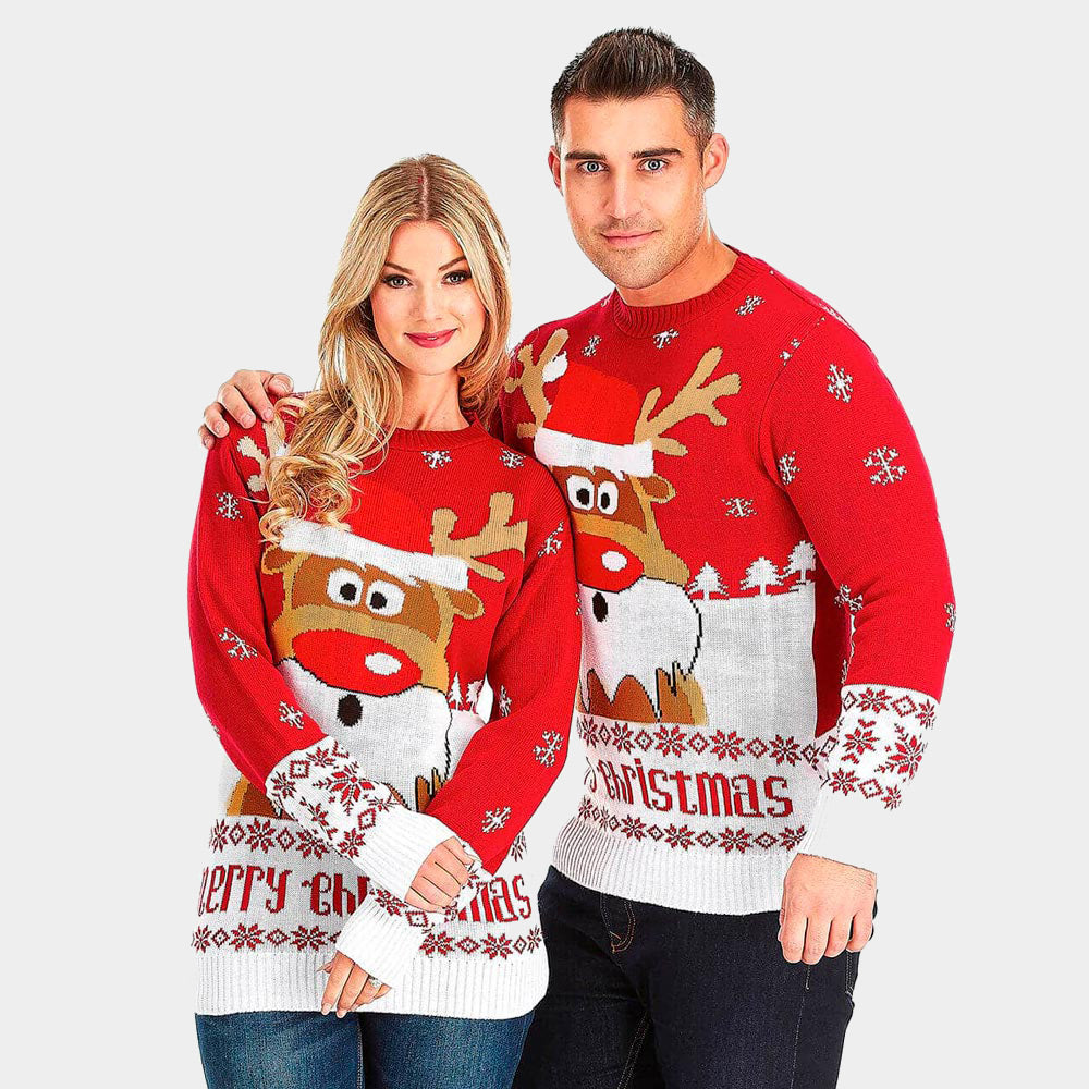 Couples Red Ugly Christmas Sweater with Reindeer