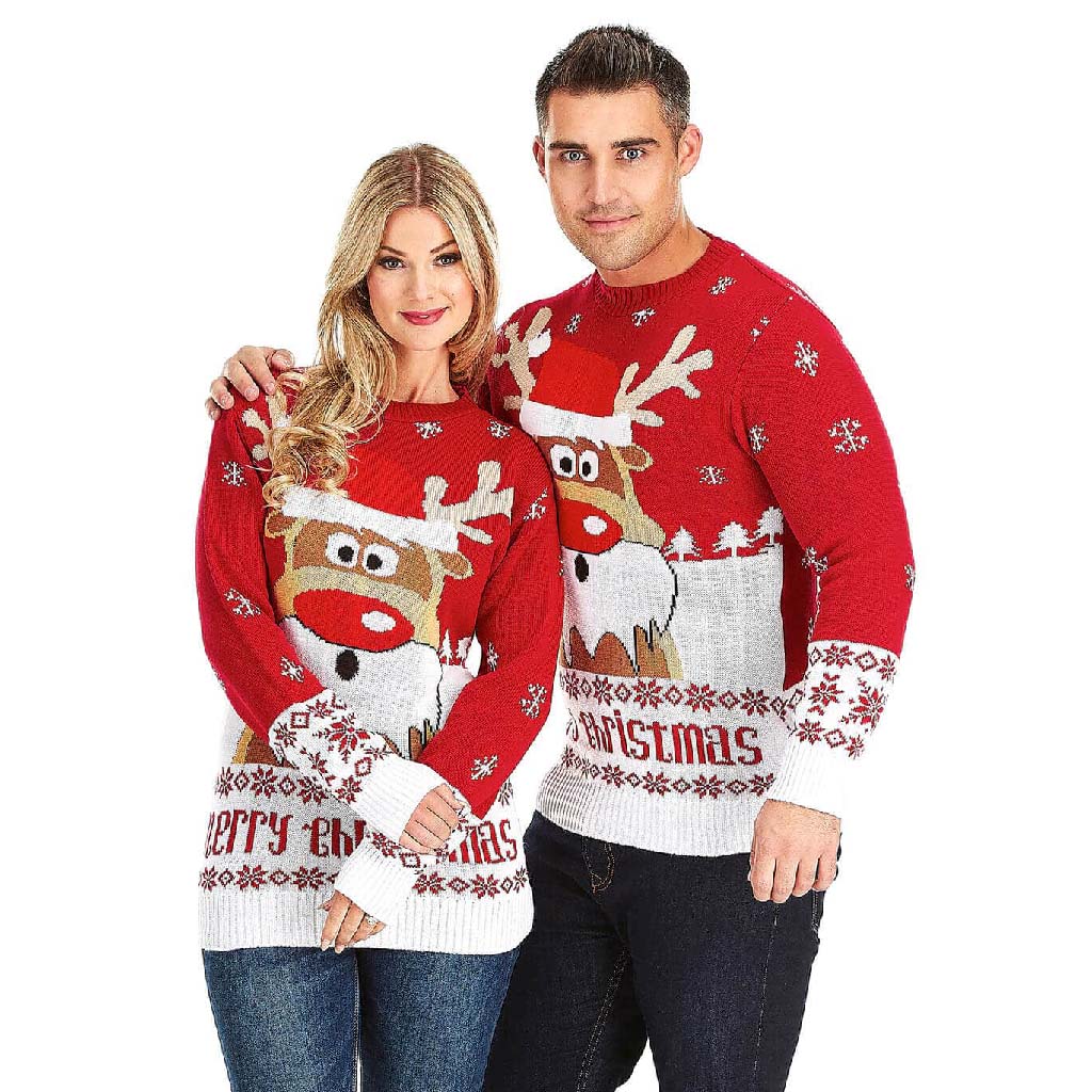 Couples Red Ugly Christmas Sweater with Reindeer