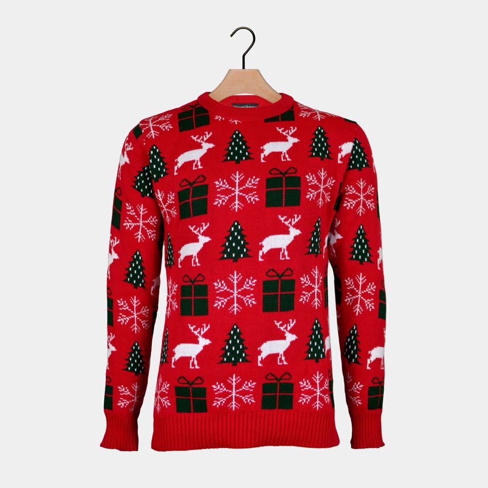 Red Ugly Christmas Sweater with Reindeers, Gifts and Trees