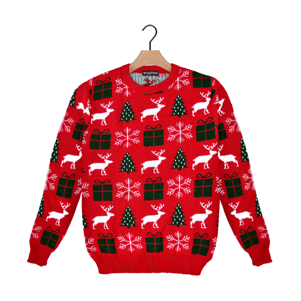 Red Ugly Christmas Sweater with Reindeers, Gifts and Trees