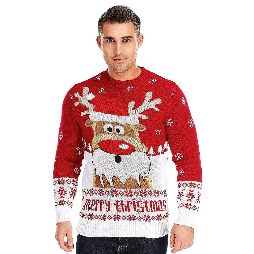Mens Red Ugly Christmas Sweater with Reindeer