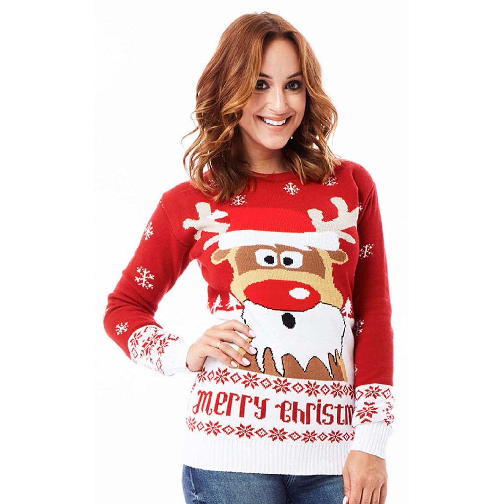 Womens Red Ugly Christmas Sweater with Reindeer