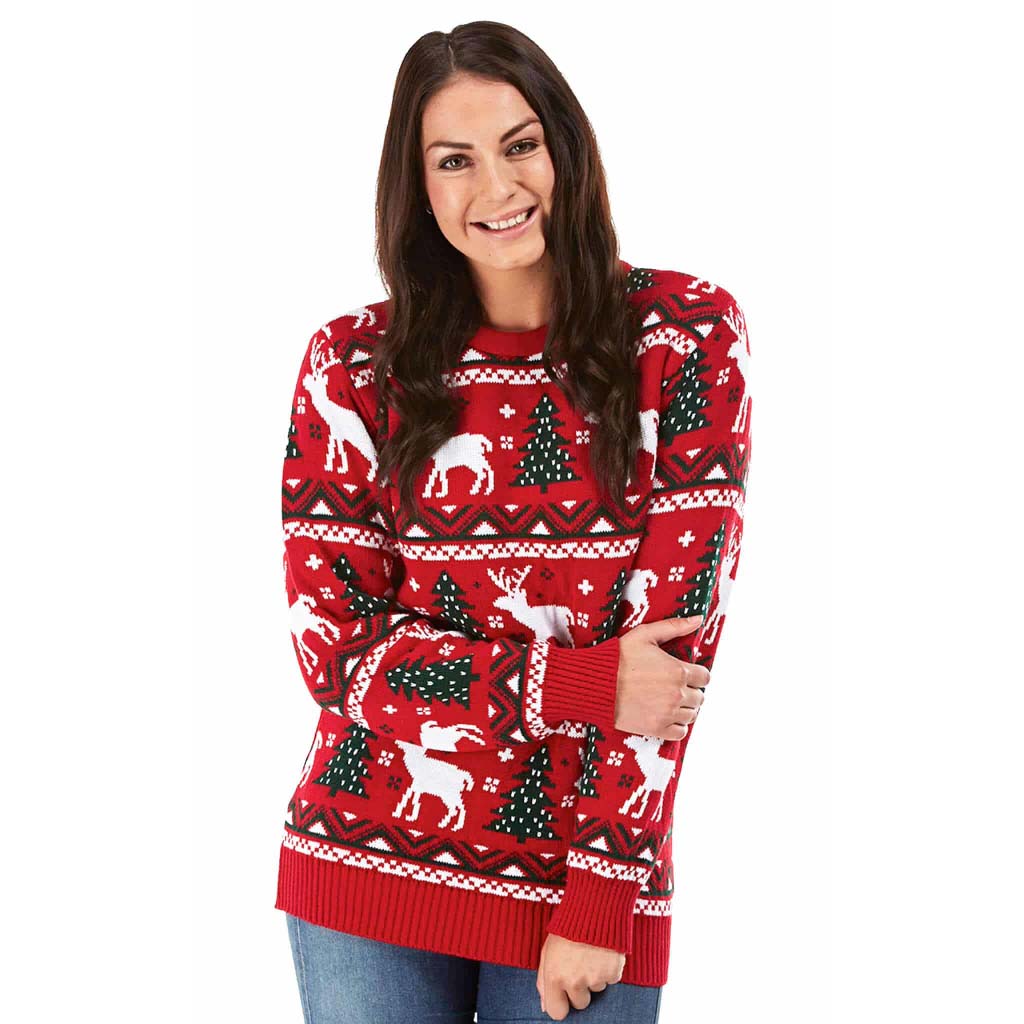 Womens Red Ugly Christmas Sweater with Reindeers and Christmas Trees