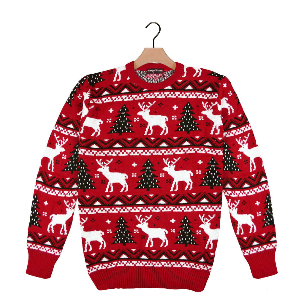 Red Ugly Christmas Sweater with Reindeers and Christmas Trees