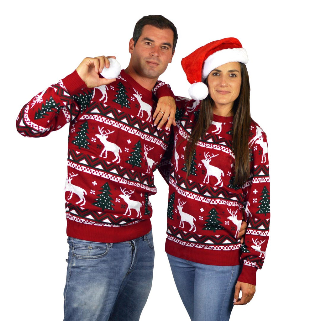 Red Ugly Christmas Sweater with Reindeers and Christmas Trees couple