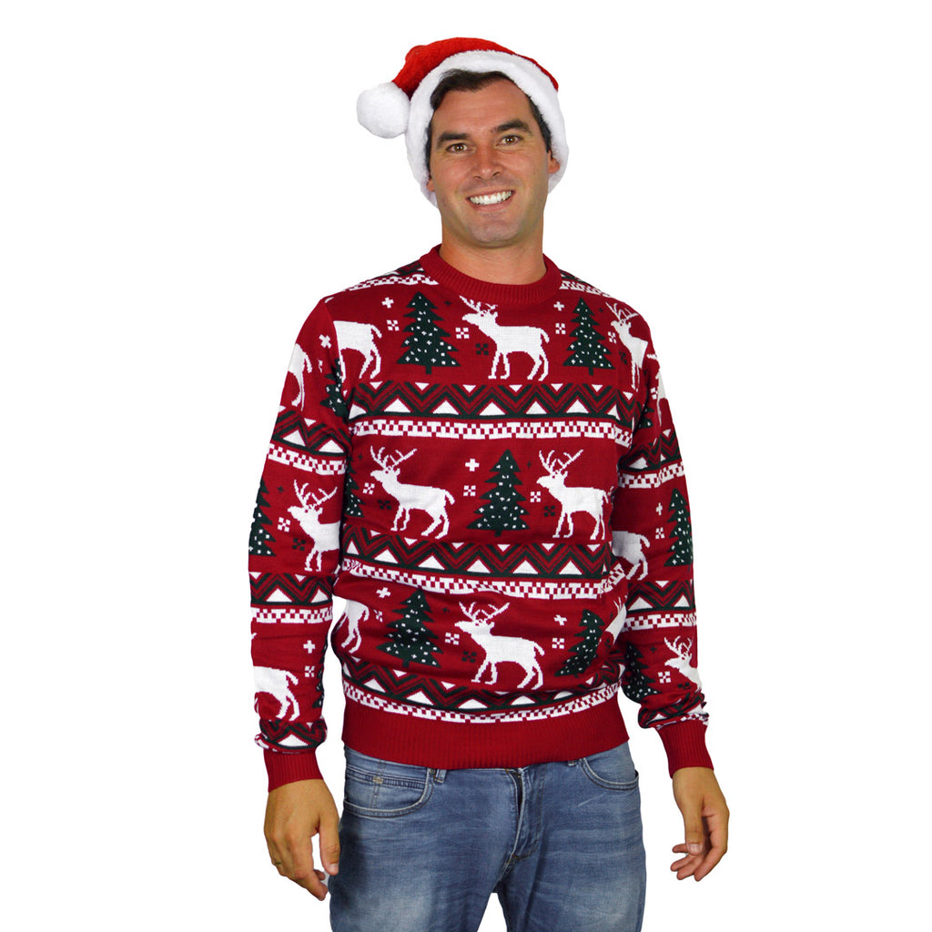 Mens Red Ugly Christmas Sweater with Reindeers and Christmas Trees