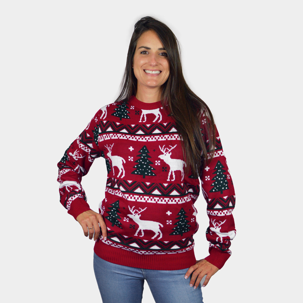 Womens Red Ugly Christmas Sweater with Reindeers and Christmas Trees