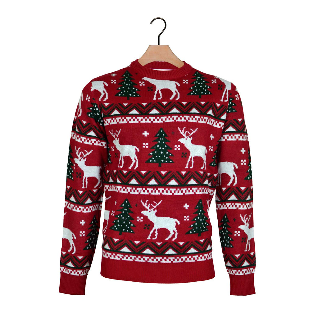Red Ugly Christmas Sweater with Reindeers and Christmas Trees