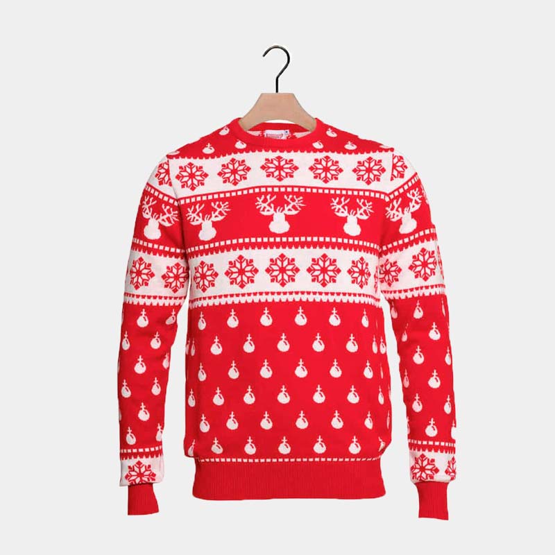 Red Ugly Christmas Sweater with Reindeers and Snow