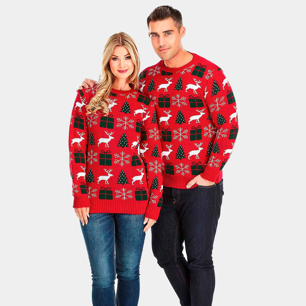 Couples Red Ugly Christmas Sweater with Reindeers, Gifts and Trees