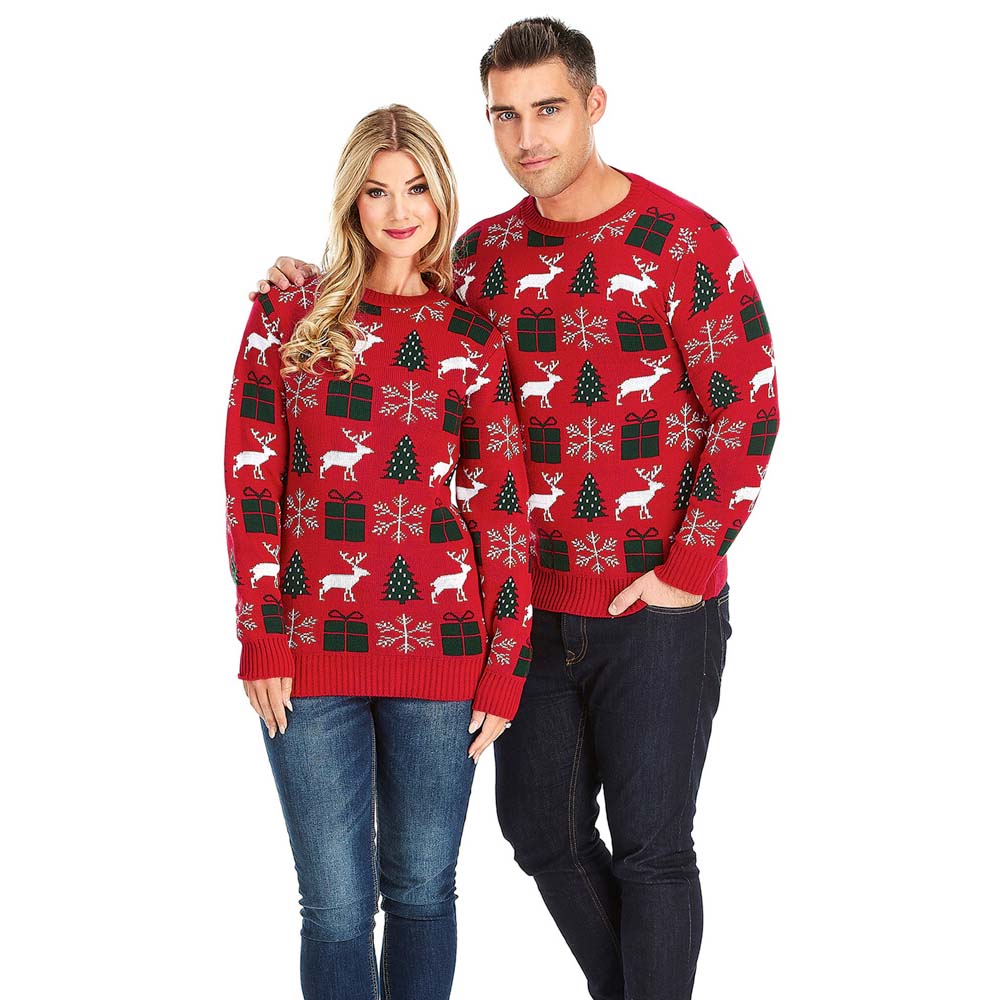 Couples Red Ugly Christmas Sweater with Reindeers, Gifts and Trees