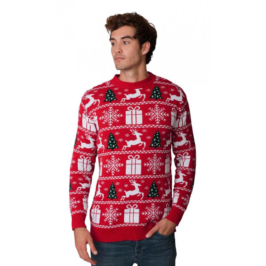 Mens Red Ugly Christmas Sweater with Reindeers, Trees and Gifts