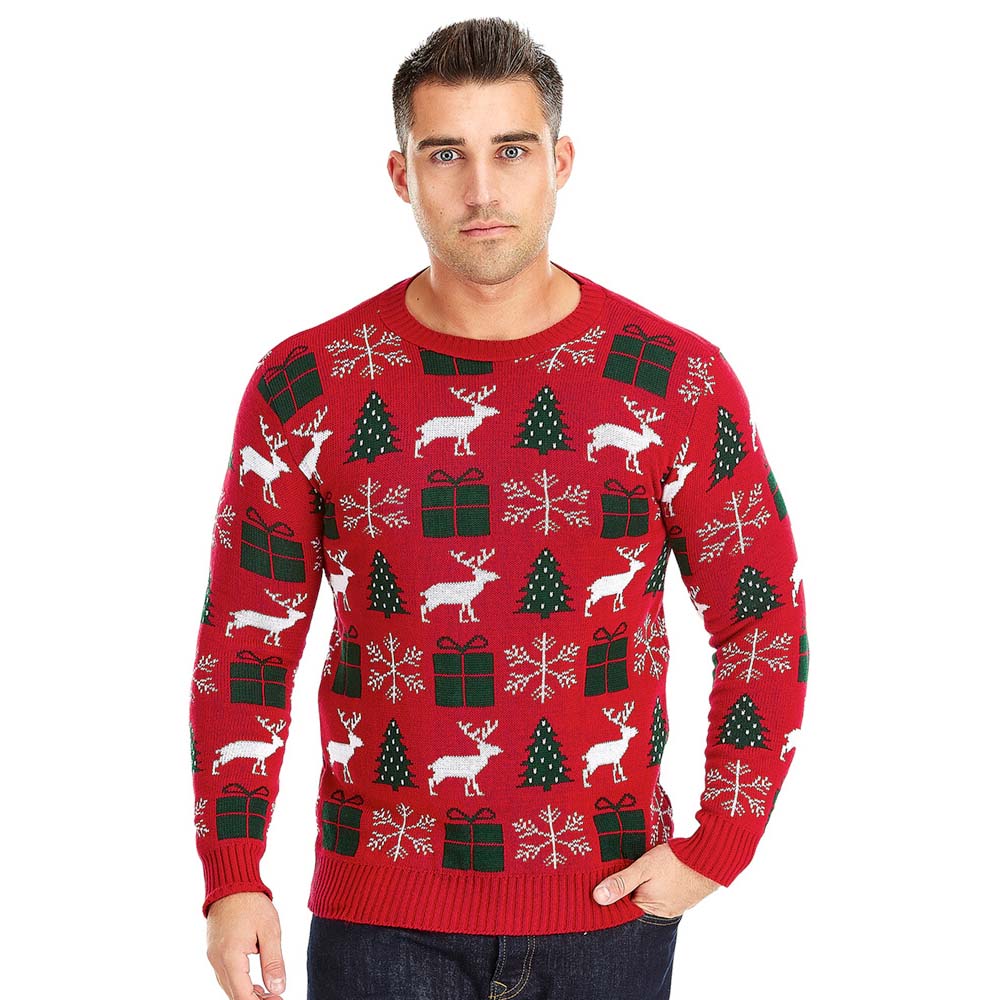 Mens Red Ugly Christmas Sweater with Reindeers, Gifts and Trees