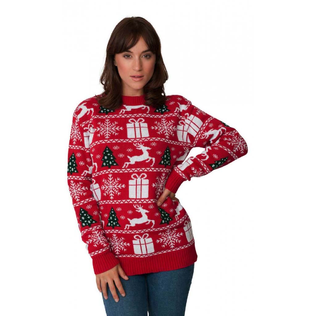 Womens Red Ugly Christmas Sweater with Reindeers, Trees and Gifts