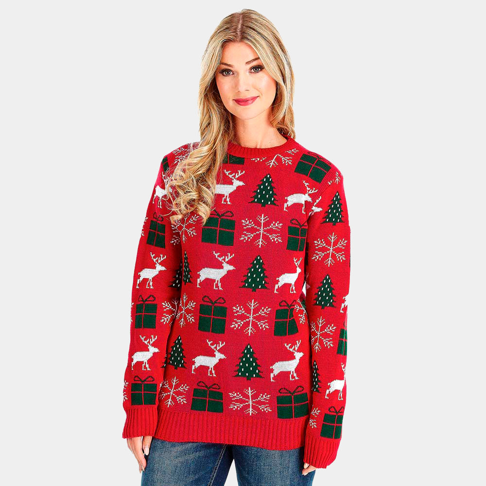 Womens Red Ugly Christmas Sweater with Reindeers, Gifts and Trees