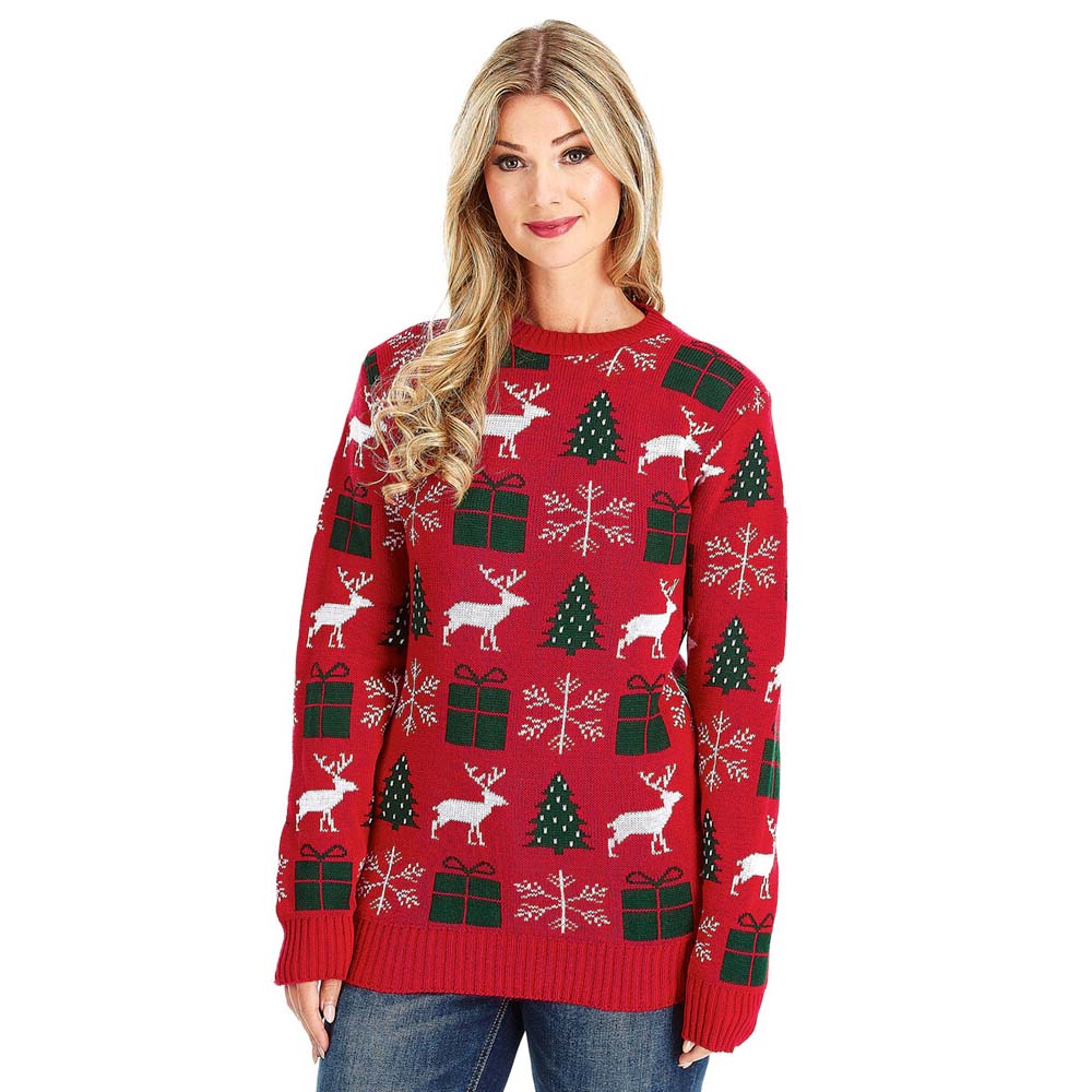 Womens Red Ugly Christmas Sweater with Reindeers, Gifts and Trees