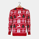 Red Ugly Christmas Sweater with Reindeers, Trees and Gifts