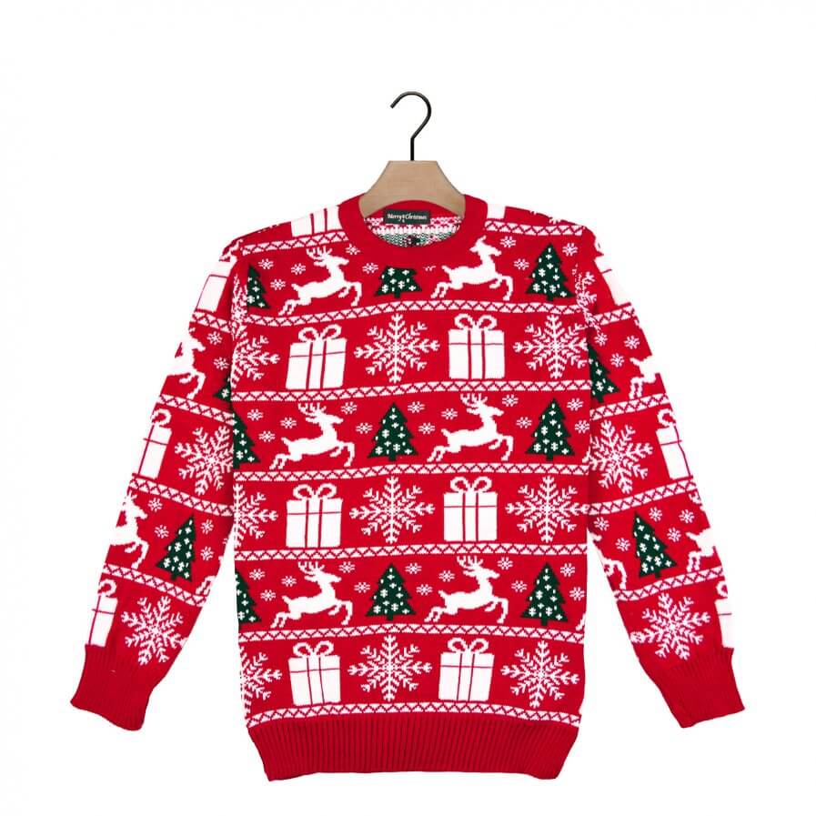 Red Ugly Christmas Sweater with Reindeers, Trees and Gifts